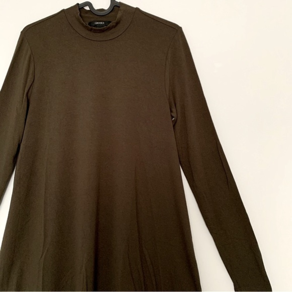 Fall Winter Casual Western Mock Neck Long Sleeve Flowy Dress in Forest Green (S)